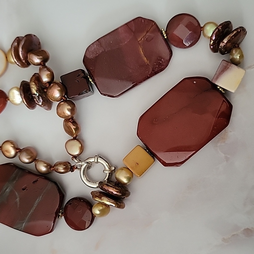 JD Mookaite jasper, genuine pearl, mother of pearl necklace 925 clasp